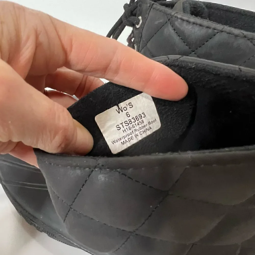 Sperry Black Quilted Rubber Boots Lace Up Waterproof